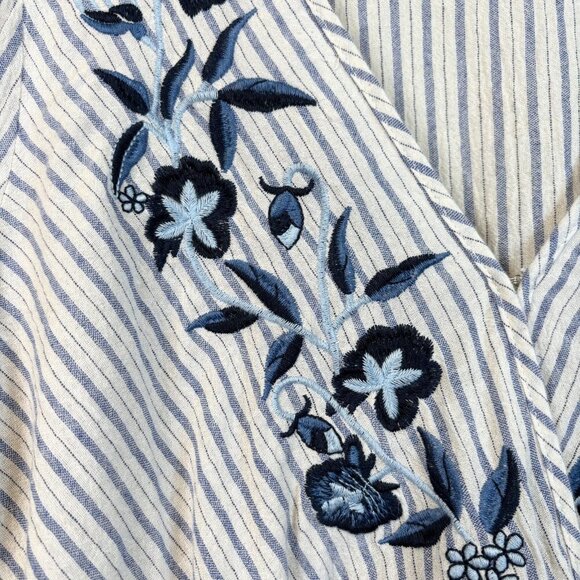 Lovestitch Size Large Boho Chic Embroidered Striped V-Neck Top Costal Chic Blue - Picture 7 of 15